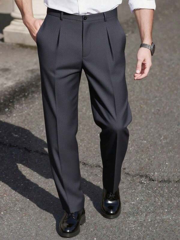 Men Black Pleated Slant Pocket Straight Leg Loose Fit Casual Commuter Suit Pants
