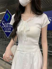 Solid Color Minimalist Lace Patchwork Knitted Top White Summer - White - View 3
