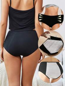 4pcs Plus Size Women's Black Period Panties, Leak-Proof Triangle Cotton Crotch Underwear, High Waist Menstrual Briefs - Black - View 3