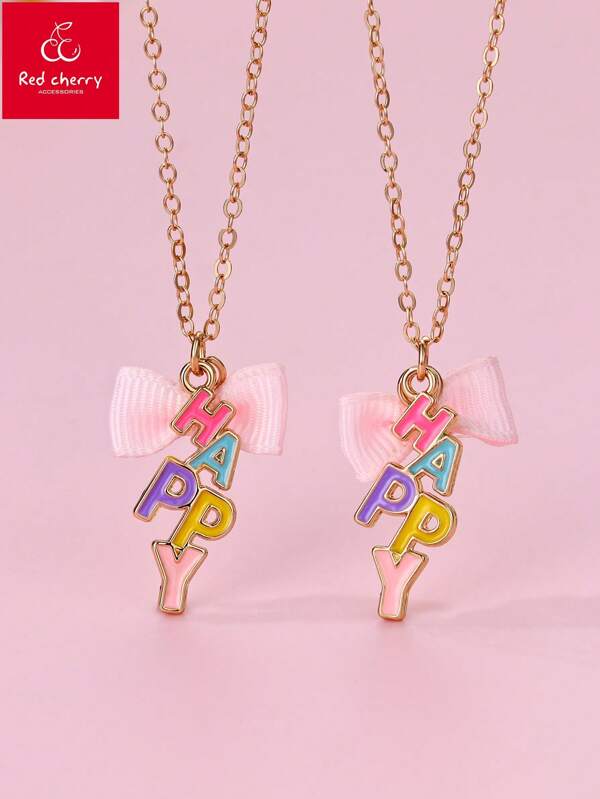 Set de 2 collares con colgante de letras "FELIZ" chapado en oro y lazo rosa, adecuado para uso diario y como regalo a amigos en días festivos