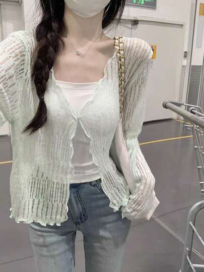 Women's Casual Solid Color Sheer Knit Cardigan