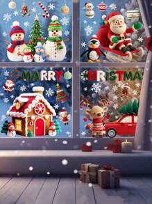 4 张/56 件圣诞窗贴，全新原创设计，羊毛针织形状，圣诞老人，雪人，雪花，圣诞树，麋鹿，雪橇，汽车，圣诞球，姜饼人，礼物，圣诞派对装饰，PVC 贴纸用于装饰客厅、卧室、厨房，（祝您圣诞快乐） - 彩色 - 查看 3