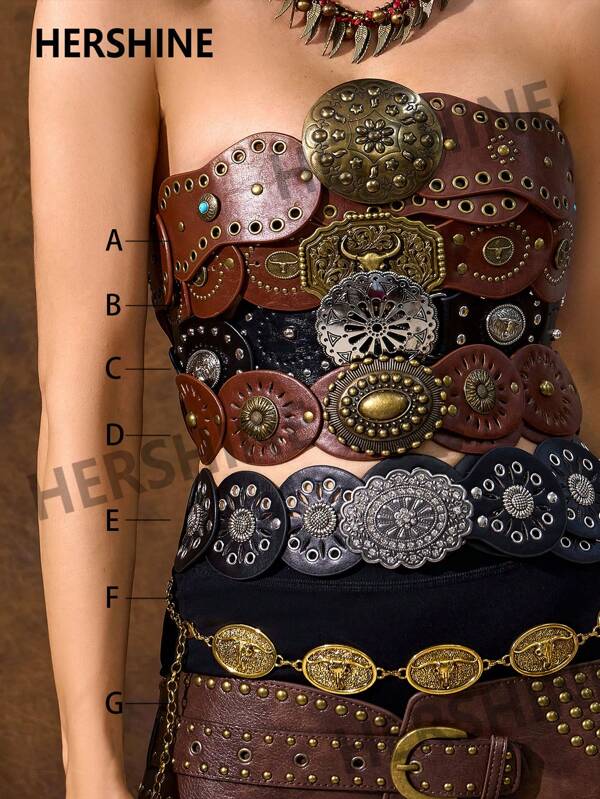 Hershine A 2025 New Western Cowboy Style Bohemian Style Retro Country Belt. Punk Style Antique Bronze Color Hollow Flower Buckle Oval PU Leather Splicing Belt, Metal Bull Head Buckle And Bull Head Accessory Decoration.
