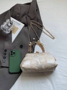 新款中国风民族风绣花包包女夏季新款珍珠金属链条装饰时尚五金手提包手拿包斜挎包 - 米色 - 查看 7