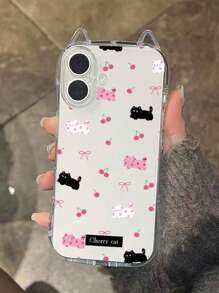 1pc Black Cat & Cherry Transparent Phone Case, Cat Ear Design, Air Cushion Anti-Drop, 1.5mm Soft TPU Shell, Cat Ear Lanyard Hole, Suitable For IPhone 17/17 Pro/Air/17 Pro Max/16/16 Pro/16 Plus/16 Pro Max/15 Pro Max/11/12/13/14/15 Plus/15 Pro/14 Pro/13 Pro