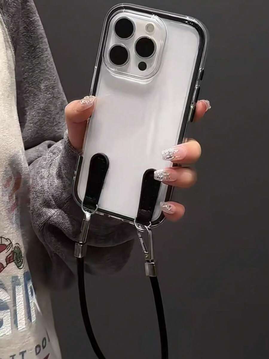 Apple Smart Fashion Phone Case With Lanyard Strap, Aluminum Alloy Ring. This High-End Phone Case With Lanyard Features A 3-In-1 Thick And Durable Material, Compatible With IPhone, With Water-Resistant, Shock-Proof, Drop-Proof And Scratch-Resistant Protection. - Black - View 1