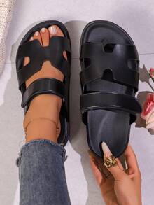 Women's Comfortable Open Toe Thick Sole Basic Flat Slide Sandals, Non-Slip, Suitable For Daily, Vacation, Casual, Beach