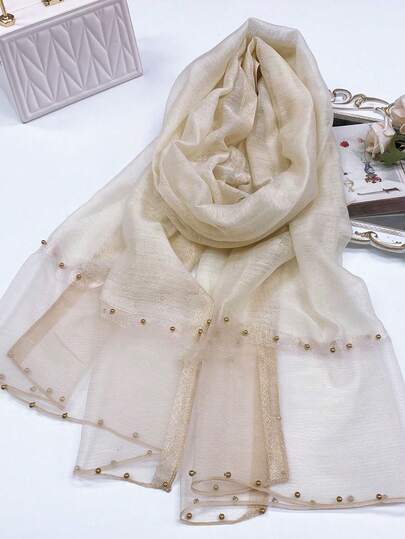 1 件女士纯米色水钻装饰桑蚕丝和羊毛混纺保暖披肩，优雅双珍珠雪纺围巾，适合夏季旅行防晒，秋冬保暖披肩，时尚配饰，礼物