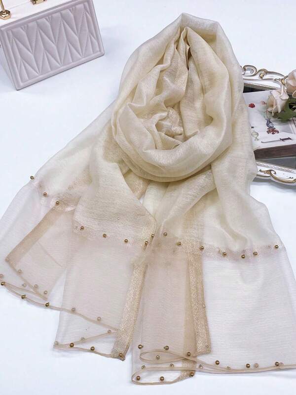 1 pezzo Scialle in seta di gelso e lana misto beige con decorazioni in strass per donna, elegante sciarpa in chiffon con doppia perla, adatto per protezione solare nei viaggi estivi, avvolgente caldo per autunno/inverno, accessorio di moda, regalo