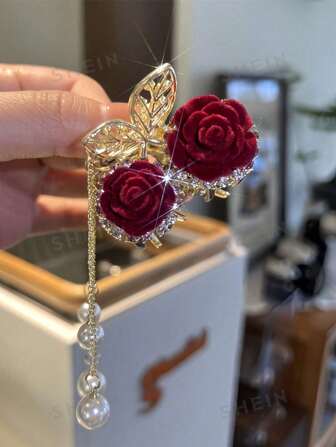 1pc Women's Elegant Red Rose Tassel Crystal Hair Clip, Ideal Gift Choice Hair Accessories Women Claw Clip Autumn Accessories Fall Winter For Vacation Outfits Woman