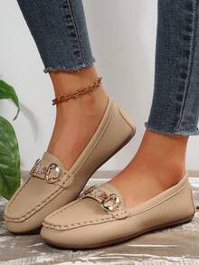 2025 Women's Spring New Arrival Gold Chain Elegant Slip-On Loafers, Lightweight & Comfortable, Versatile Rubber Flat Shoes - Apricot - View 6