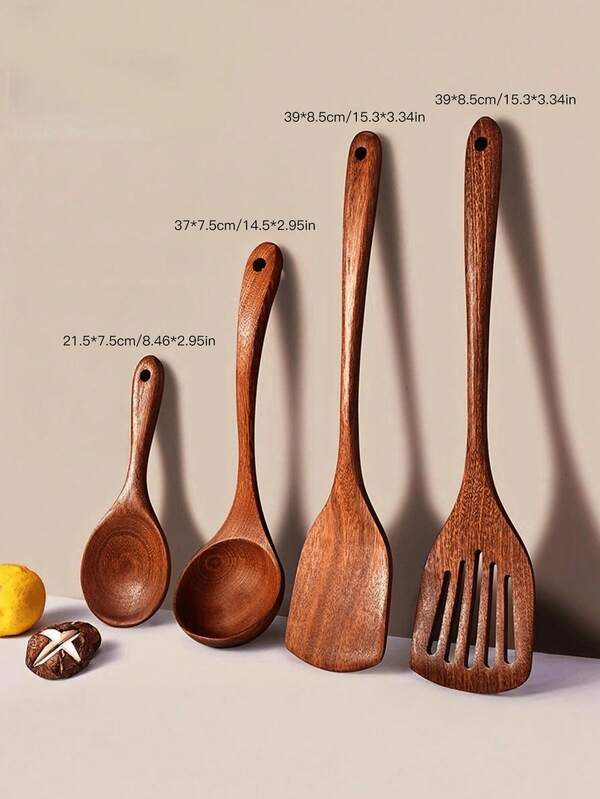 4 piezas Juego de utensilios de cocina de madera, espátula, cucharón, cuchara para sopa de madera natural, utensilios de cocina amigables con utensilios antiadherentes, material de palisandro, mango largo, suministros para cena familiar, suministros para fiestas