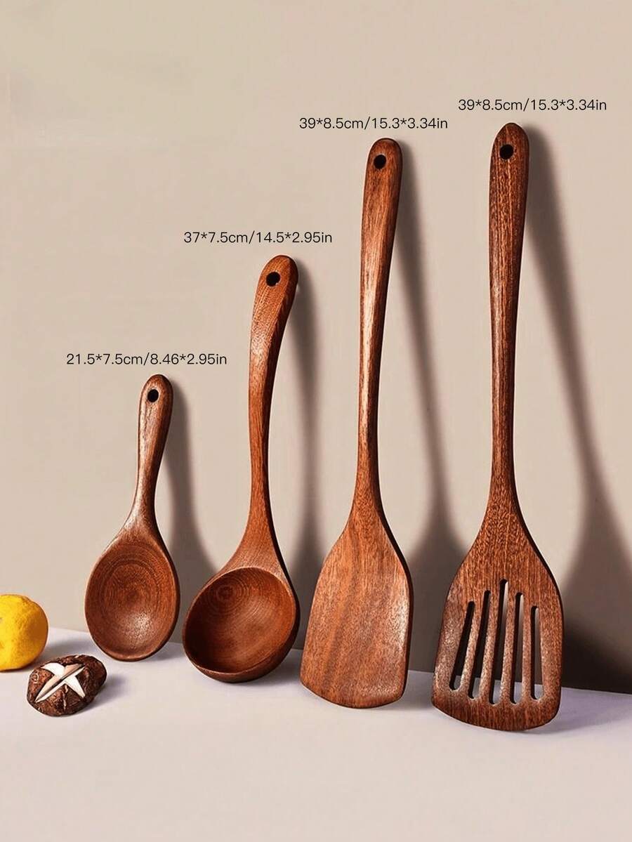 4 piezas Juego de utensilios de cocina de madera, espátula, cucharón, cuchara para sopa de madera natural, utensilios de cocina amigables con utensilios antiadherentes, material de palisandro, mango largo, suministros para cena familiar, suministros para fiestas