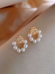 1 set cercei stud curbați cu perle artificiale, model retro floral francez la modă, set de cercei pătrați geometrici minimalisti, potriviți pentru femei, purtați zilnic și de festival