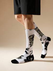 1/2/3 Pairs 3D Men's Printed Crew Socks, Panther Pattern Mid Calf Socks, Fashion Socks, Novelty Socks, Floral Pattern Long Socks, Hip Hop Socks, Gift Socks, Back To School Season, Suitable For Spring, Summer, Autumn, Winter And Any Occasion!, Fall Socks