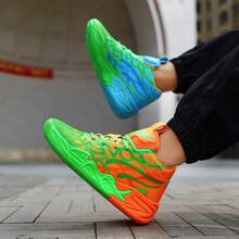 2025春季新款轻便厚底大码篮球鞋，女士户外休闲运动鞋，耐穿跑步鞋，柔软舒适的徒步鞋，减震回弹休闲鞋（注：混色鞋，橙绿、蓝绿，左右鞋随机，手绘鞋底，图案不均匀、随机且不对称） - 蘭綠桔綠 - 查看 10