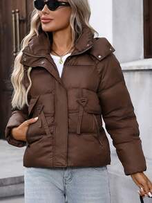 Damen verdickte kurze Kapuzen-Reißverschluss-Daunenjacke, warmer Outdoor-Mantel für den Winter - Kaffeebraun - Übersicht 6