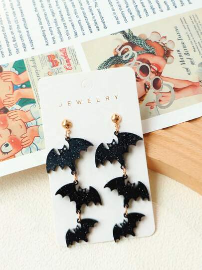 1 Pair Funny Halloween Bling Bling Acrylic Triple Bat Gradient Size Creative Earrings, Women Holiday Gift Earrings