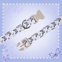 1 pieza Collar con estampado de perro de dibujos animados - Collar de poliéster suave y cómodo de longitud ajustable con estampado de mariposa, regalo para mascotas adecuado para perros pequeños y grandes, uso en interiores y exteriores, uso diario, fotografía, fiesta de cumpleaños y boda, unisex, durable anillo en D y colgante con forma de corazón - Púrpura malva - Ver 2