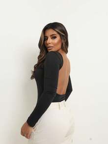 Kit 2 Women's Bodysuits Long Sleeve Bare Back Nude Chic Stylish Black And Brown Leotard - 黑與白 - 查看 5