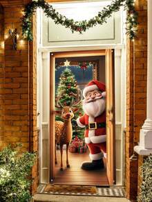 1pc Santa Claus Reindeer Door Cover, Santa Claus And Reindeer Giving Gifts Christmas Tree Pattern Polyester Door Cover, Suitable For Christmas Bedroom And Living Room Door And Window Decoration, Christmas Gifts, Christmas Decoration Items, Indoor And Outdoor Walls Decoration - Santa Claus Elk - View 3