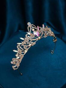 1 件金属优雅公主派对活动头饰，奢华巴洛克水晶皇冠发饰，新娘婚纱头饰，新娘送礼会礼物 - 金色 - 查看 5
