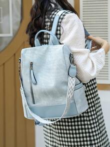 Women's High-End Anti-Theft Backpack; Latest Women's Personalized Casual Soft Leather Backpack; Large Capacity Expandable Multi-Function Travel Backpack; Multi-Purpose Bookbag - Baby Blue - View 4