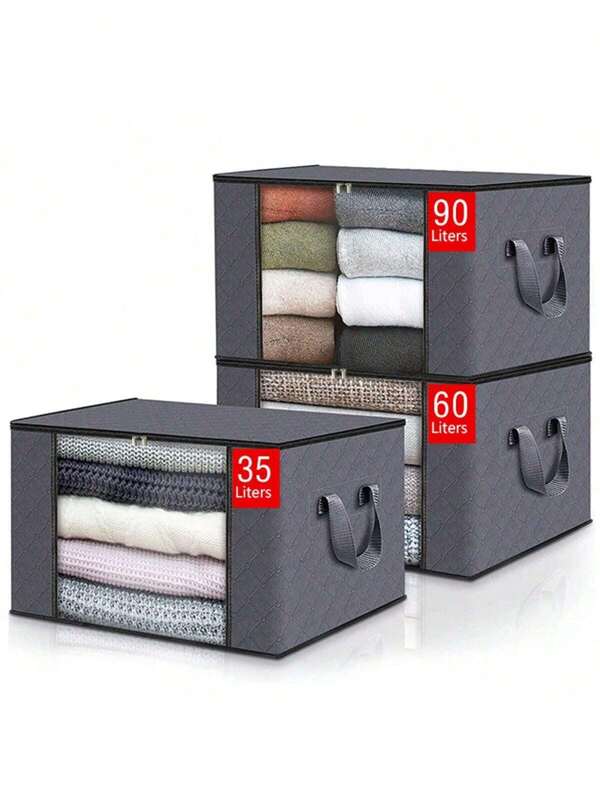 Clothes Storage Bins With Lids, Foldable Blanket Storage Bags With Zippers, Clear Window And Reinforced Handles, Closet And Organization For Clothing, Sweater, Comforter, Bedding, Gray