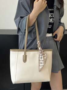 Large Capacity Minimalist Vintage-Style Handbag In Solid PU Leather With Matching Scarf, Versatile And Elegant Women's Bag, Fashionable Bag With Bow, Eye-Catching Handbag - 白色 - 查看 4