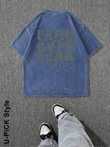 "FAITH OVER FEAR" Creative Pattern Printing Heavy 230g Pure Cotton T Shirt, Washed T-Shirt Men's Vintage T Shirts Basic T-Shirt Loose Hip-Hop Unisex Top Acid Wash T-Shirt - 藍色 - 查看 2