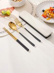 3pcs/4pcs Stainless Steel Cutlery Set, Spoon Fork Chopsticks, Student Outdoor Travel Portable Tableware With Storage Box - Multicolor - View 22