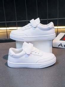 1 Pair Of Versatile Hook And Loop White Sneakers For Both Boys And Girls, Flat, Comfortable And Breathable Student Shoes, Campus-Style Sneakers, Solid-Colored Flat Shoes - White - View 1