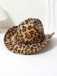 1 pieza Sombrero retro de mujer con decoración de piel de vaca y estampado de leopardo, sombrero de jazz europeo y americano, sombrero de vaquero occidental, adecuado para uso diario, actividades al aire libre, todas las estaciones, gorra de moda, vacaciones, viajes - sombrero de copa - Ver 4