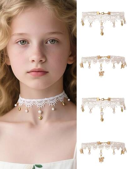 1pc/2pcs Girls Simple Pearl Butterfly & Heart Necklace Set, Suitable For Teenagers Daily Decoration, Holiday Gift