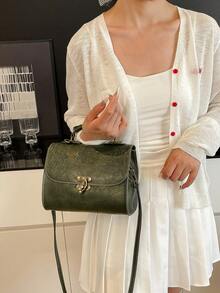 1pc Fashionable Pu Leather Embossed Handbag With Metal Lock Design, High-End Texture, Shoulder Bag Or Tote Bag - Green - View 4