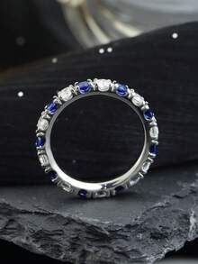 1pc S925 Silver Fully Paved Unisex Ring, Decorated With Synthetic Blue Sapphire And Moissanite, Suitable For Daily Wear, Birthday, Father's Day, Mother's Day Gift - Bạc - Xem 3