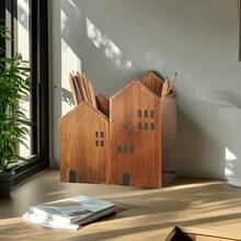 2pc Small House Shape Pen Holder Storage Box - Wooden Retro Desktop Decoration For Art Supplies/Brushes/Office Items - Multi-Use Makeup Brush & Stationery Organizer - Kawaii School Essentials, Back To School Must-Have, Creative Workspace Decor, Vintage Pencil Case Alternative, Dorm Room Desktop Cutie
