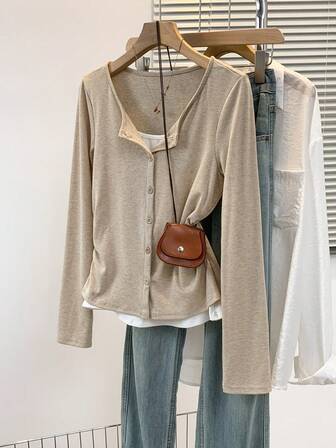 秋季女式新款复古二合一修身休闲长袖针织T恤