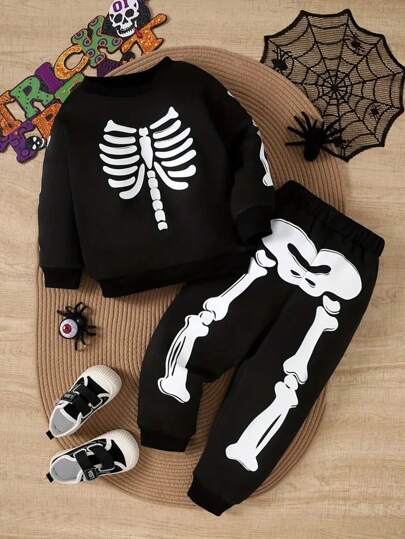 2pcs Boys Autumn/Spring Outfit, Hooded Long Sleeve Sweatshirt And Skeleton Print Pants, Halloween Sports Suit, Perfect For Outdoor Wear