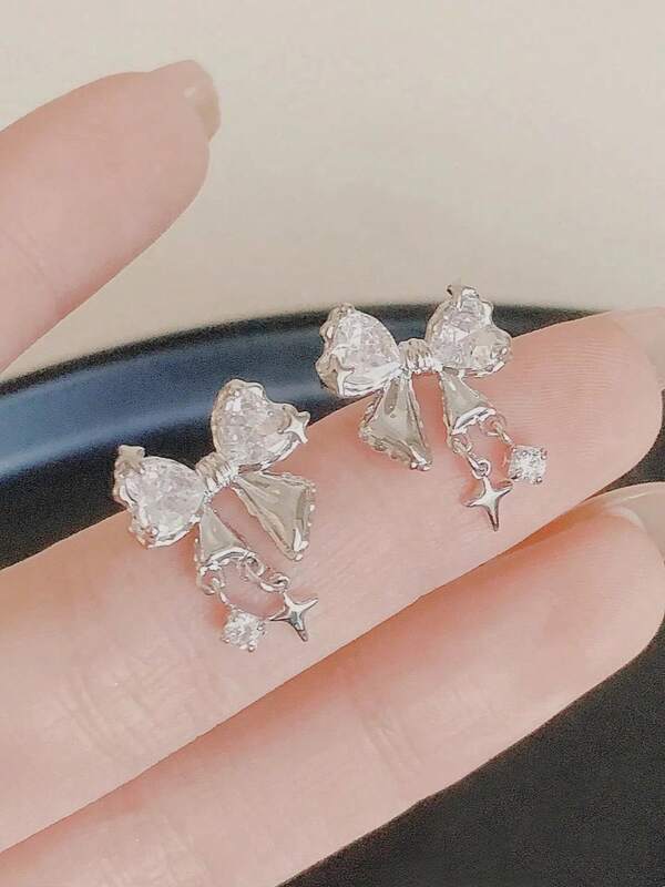 925 Sterling Silver Sweet & Spicy Earrings: Cubic Zirconia Bow + Star Cross Pendant Earrings, Sweet & Cool Girl Earrings, Gift For Lover, Friend, Bestie, Suitable For Daily Wear, Outing, Party, Women's Fine Jewelry