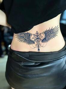1 Waterproof And Non Reflective Wing Tattoo Sticker, Semi Permanent Plant-Based Temporary Tattoo, Cool Flying Wing, Flower, Chain Pattern, Easy To Play, Suitable For Women's Back And Chest Use, Lasting 7-14 Days, Essential For Party Music Festivals - Blue - View 6