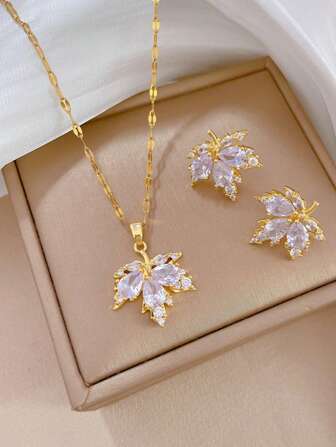 Esdoornblad sieradenset, modieuze roestvrijstalen esdoornblad ketting en oorbellenset, luxe esdoornblad ingelegde zirkonia, veelzijdige ketting en oorbellen sieradenset
