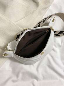 条纹缝线 PU 软皮单肩包，宽肩带斜挎胸包 - 白色 - 查看 6