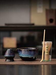 1 Set Made In China Hot-Selling Matcha Bowl & Whisk Set, Household Tea Ware, Kiln-Fired Ceramic Matcha Whisk, Bamboo Matcha Whisk, Full Set Matcha Brush Stirrer Accessories, Japanese 4-Piece Set - Multicolor - View 1