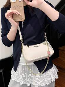 Túi đeo vai dáng baguette cổ điển màu trơn Joker bằng vải PU chống thấm nước, trang trí dây xích kim loại hình quả dâu tây, túi xách thanh lịch, túi công sở, thích hợp cho du lịch, mua sắm, tiệc tùng, lễ hội. - trắng - Xem 9