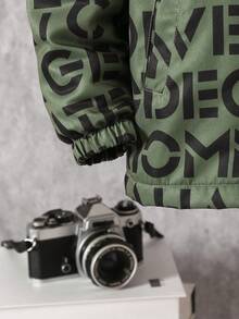 2 件套：男童字母印花羊毛夹克和工装裤，秋冬休闲装 - 軍綠色 - 查看 3