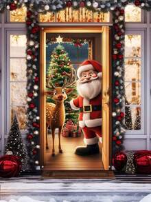 1pc Santa Claus Reindeer Door Cover, Santa Claus And Reindeer Giving Gifts Christmas Tree Pattern Polyester Door Cover, Suitable For Christmas Bedroom And Living Room Door And Window Decoration, Christmas Gifts, Christmas Decoration Items, Indoor And Outdoor Walls Decoration - Santa Claus Elk - View 4