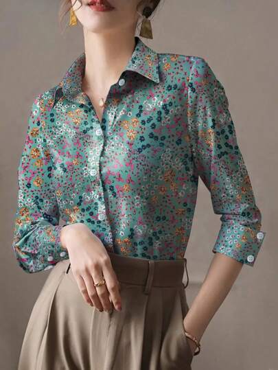 Chemise à manches longues imprimée style vacances pour femmes (motif floral coupe aléatoire)