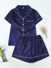 Women's Deep Floral Short Sleeve Collared Top And Shorts Set, Casual Sleepwear Without Elastic Waist, Stylish Comfortable Loungewear - 藍色 - 查看 1