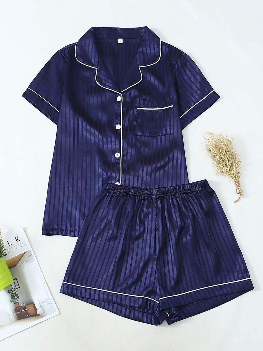 Women's Deep Floral Short Sleeve Collared Top And Shorts Set, Casual Sleepwear Without Elastic Waist, Stylish Comfortable Loungewear - 藍色 - 查看 1